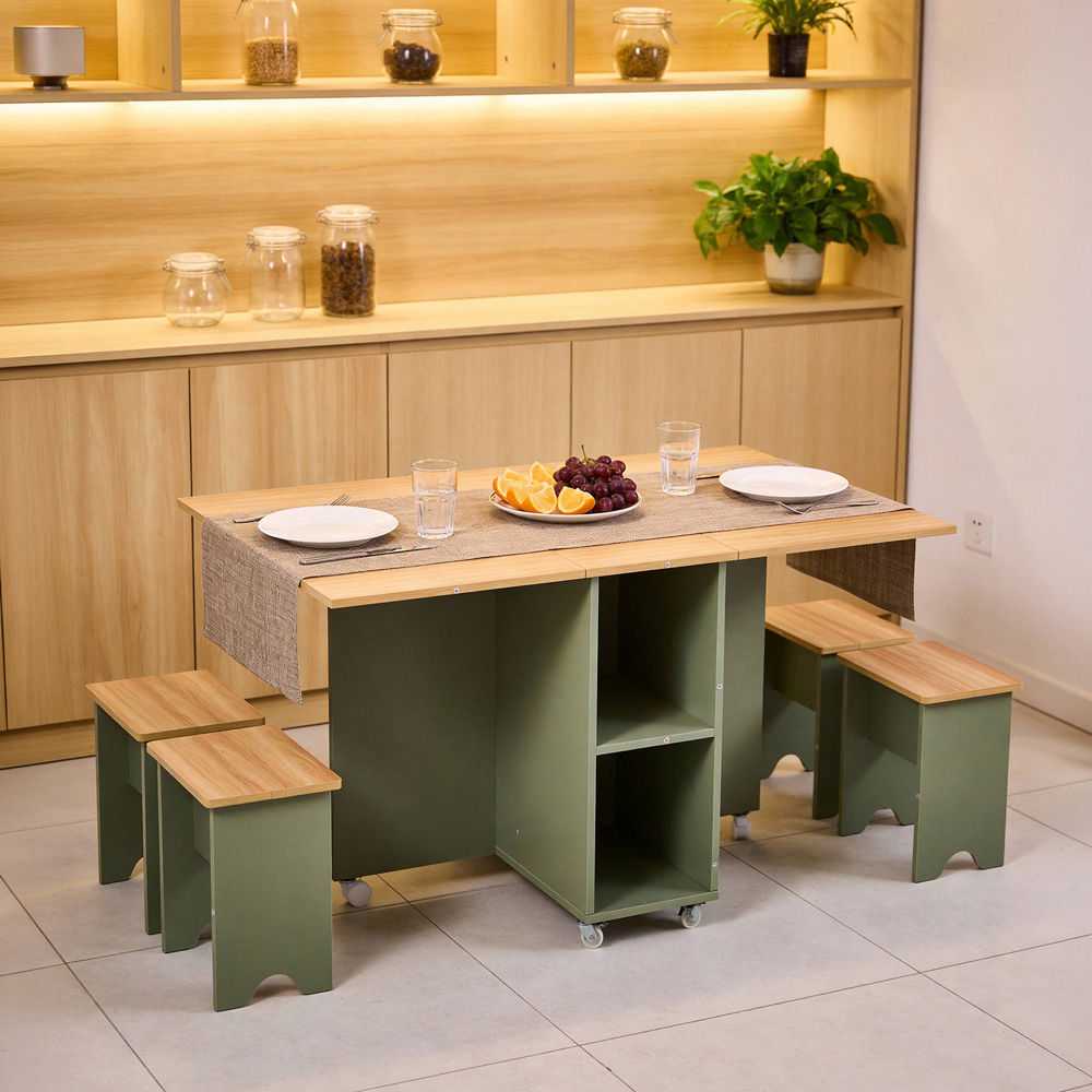 Living and Home 4 Seater Drop-Leaf Dining Table and Stool Set Green and Natural Wood Grain Image 7