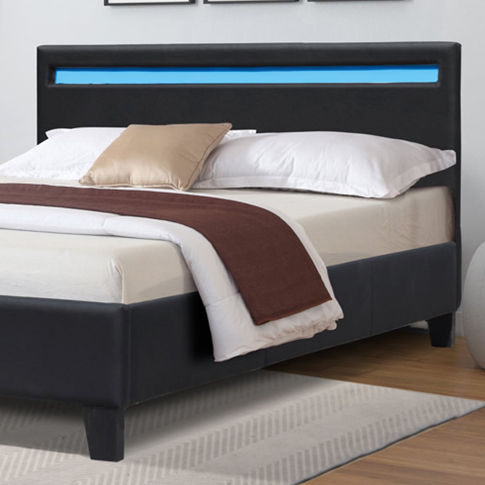 Comfy Living King Size Black Faux Leather Bed Frame with LED Strip Image 2