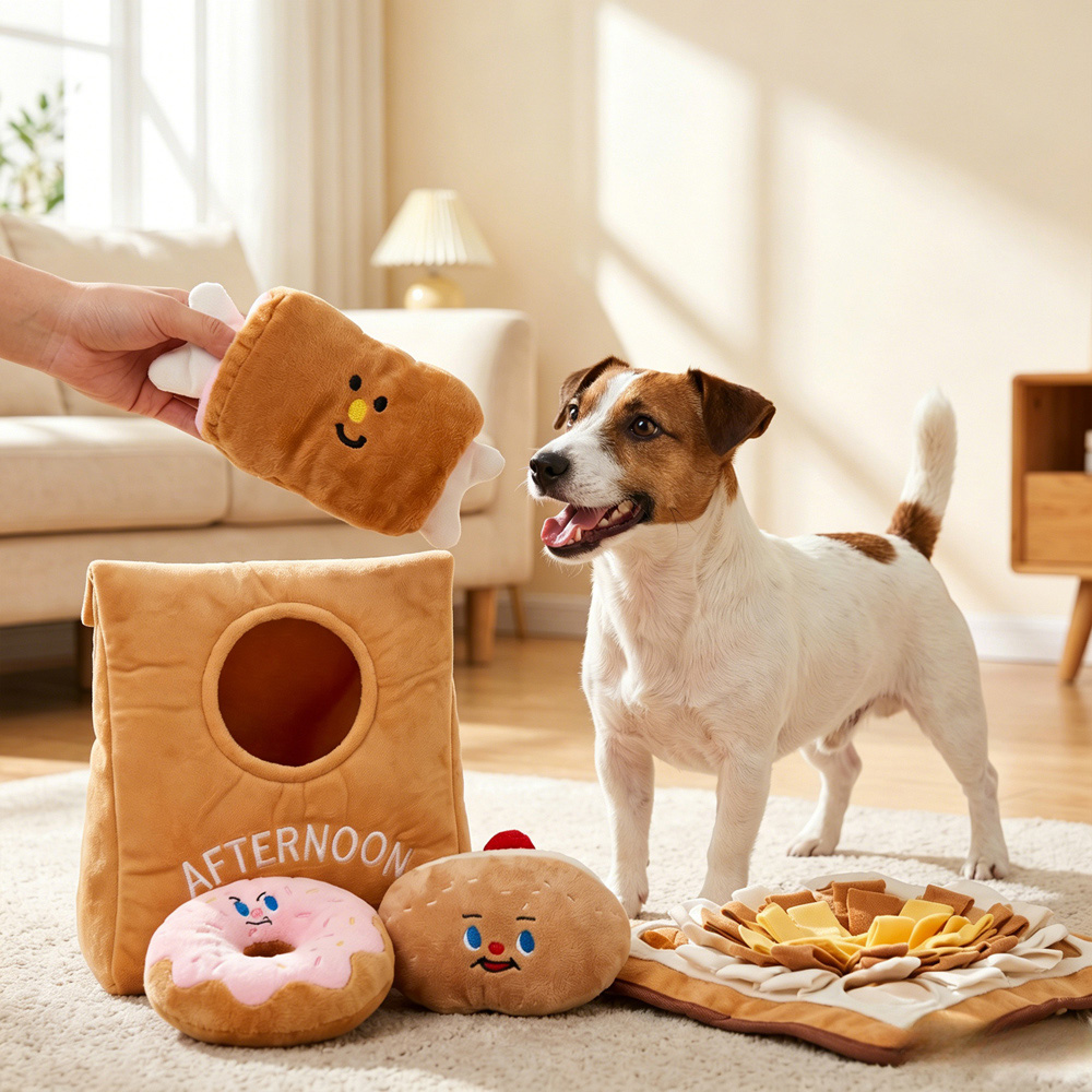 H&O Direct 4 Piece Squeaky Doughnut Pastry and Grilled Meat Soft Plush Interactive Dog Toy Set Image 2