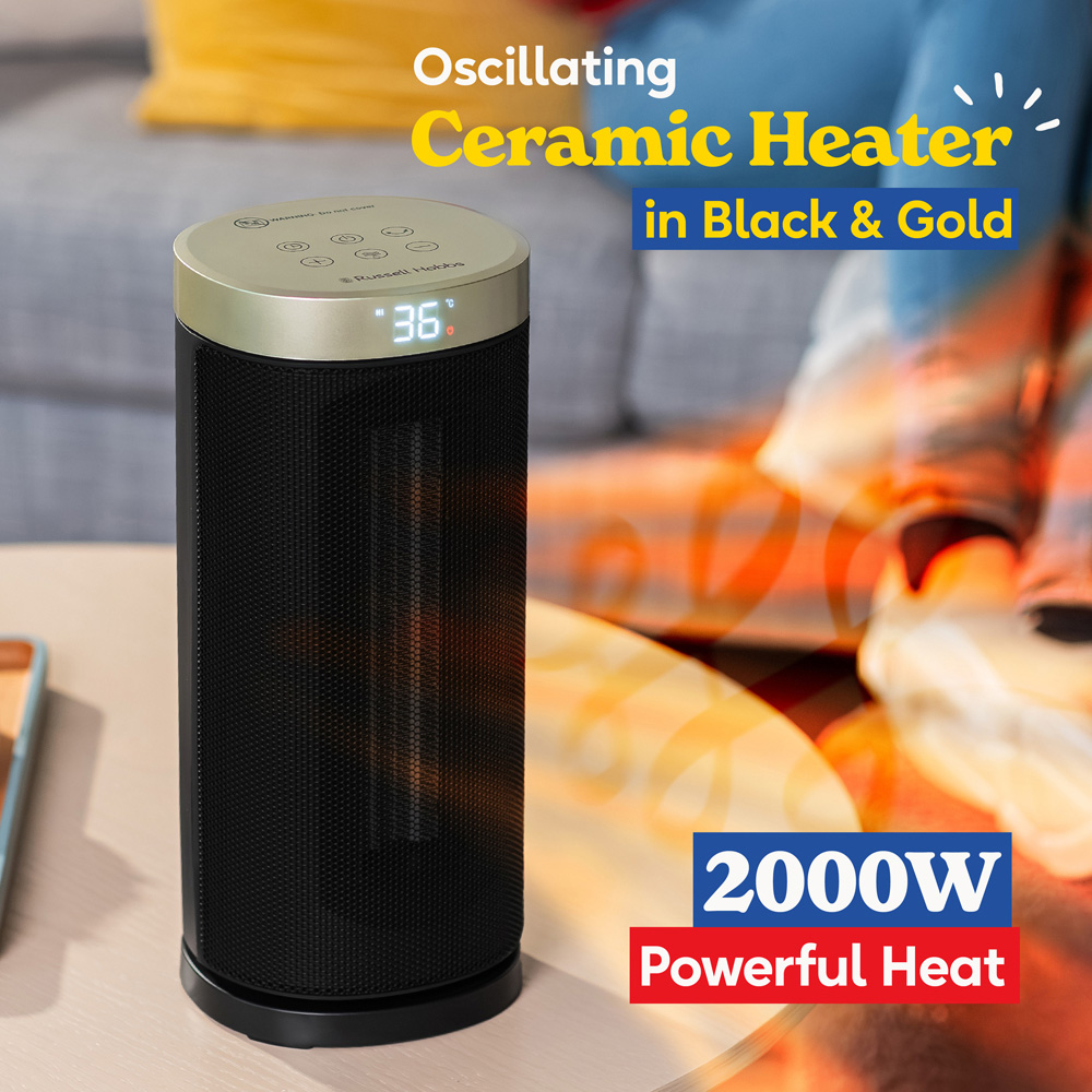 Russell Hobbs RHCTH2001G Black and Gold Round Oscillating Ceramic Heater 2000W Image 3
