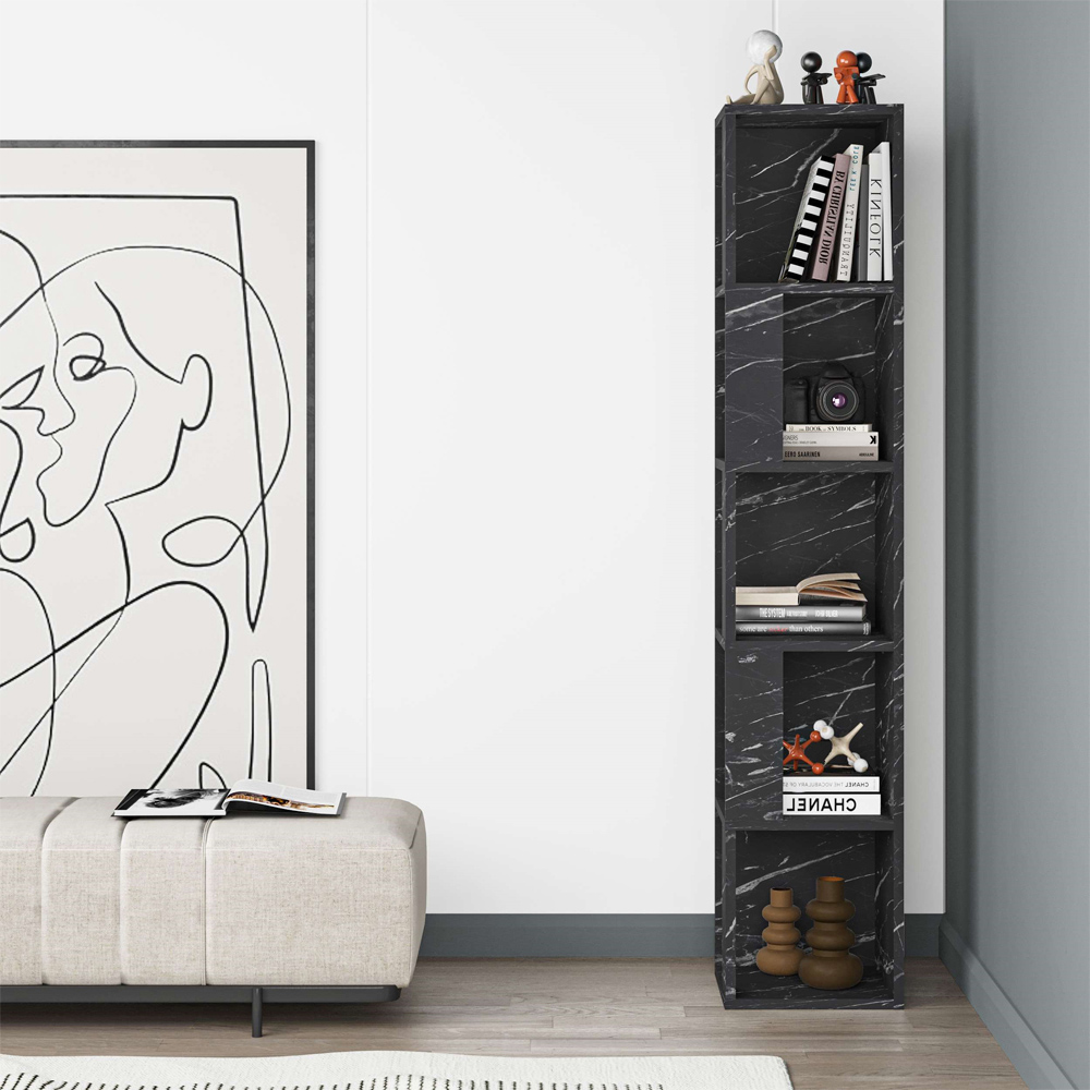 Decortie Piano Black Marble Effect 3 Tier Tall Corner Bookcase Display Unit Image 4
