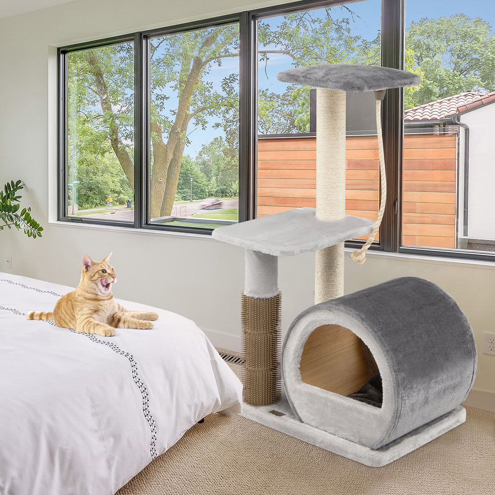 Costway 85cm Grey Sisal Rope Cat Tree Scratcher with Groom Brush Image 2