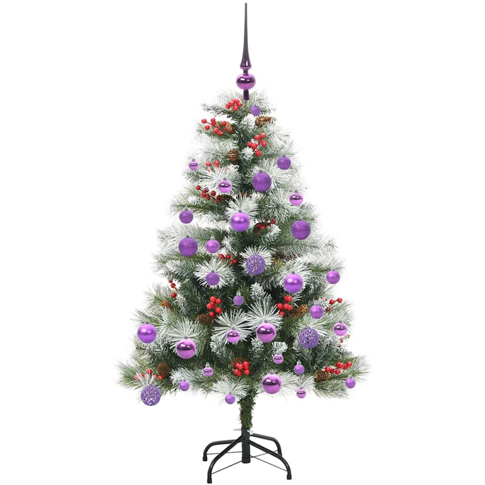 vidaXL Pre-Lit Lilac Baubles Green Artificial Snow Flocked Christmas Tree 4ft Image 4