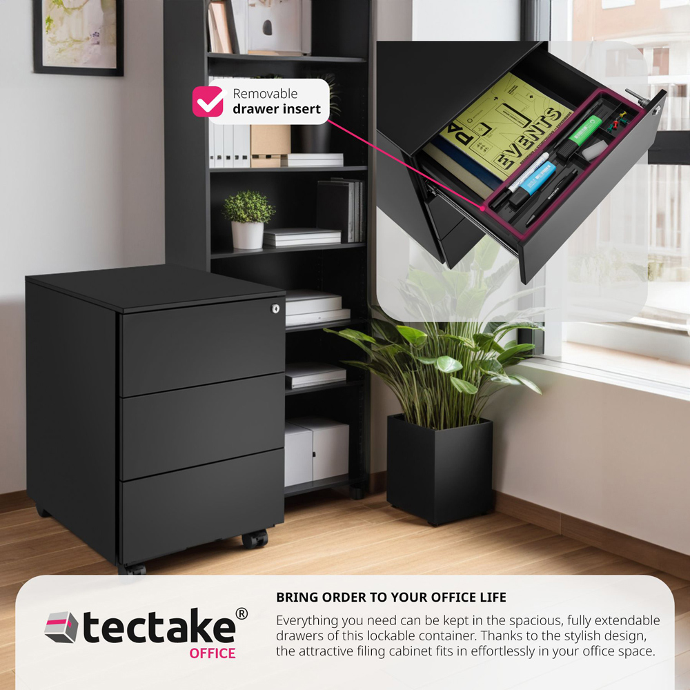 tectake Magna 3 Drawers Black Lockable Chest of Drawers Image 7