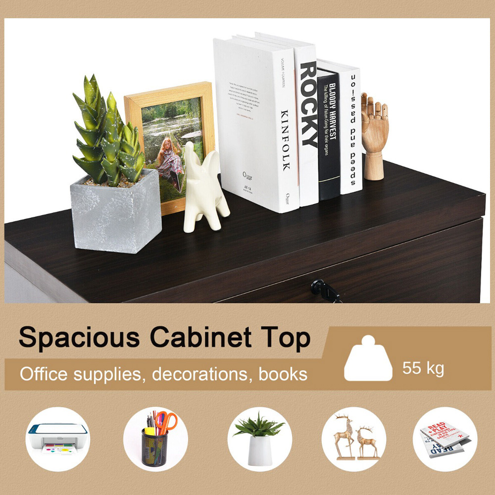 Costway 2 Drawer Coffee Lockable File Cabinets with Hanging Bar Image 8