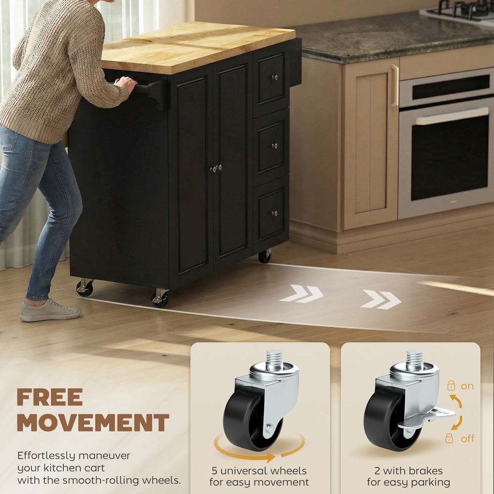 Portland 2 Door 3 Drawer Black Drop Leaf Kitchen Island Storage Trolley Image 7
