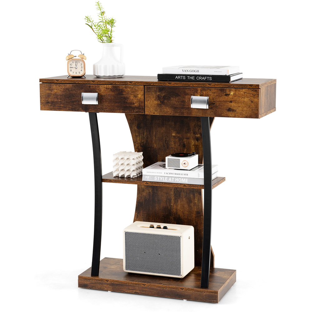 Costway Rustic Brown T Shape Console Table Image 3