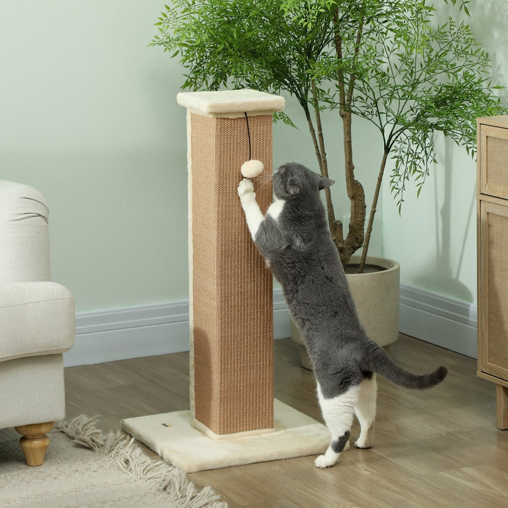 PawHut Beige Vertical Sisal Rope Ball Plush Cat Scratching Post 81cm Image 2