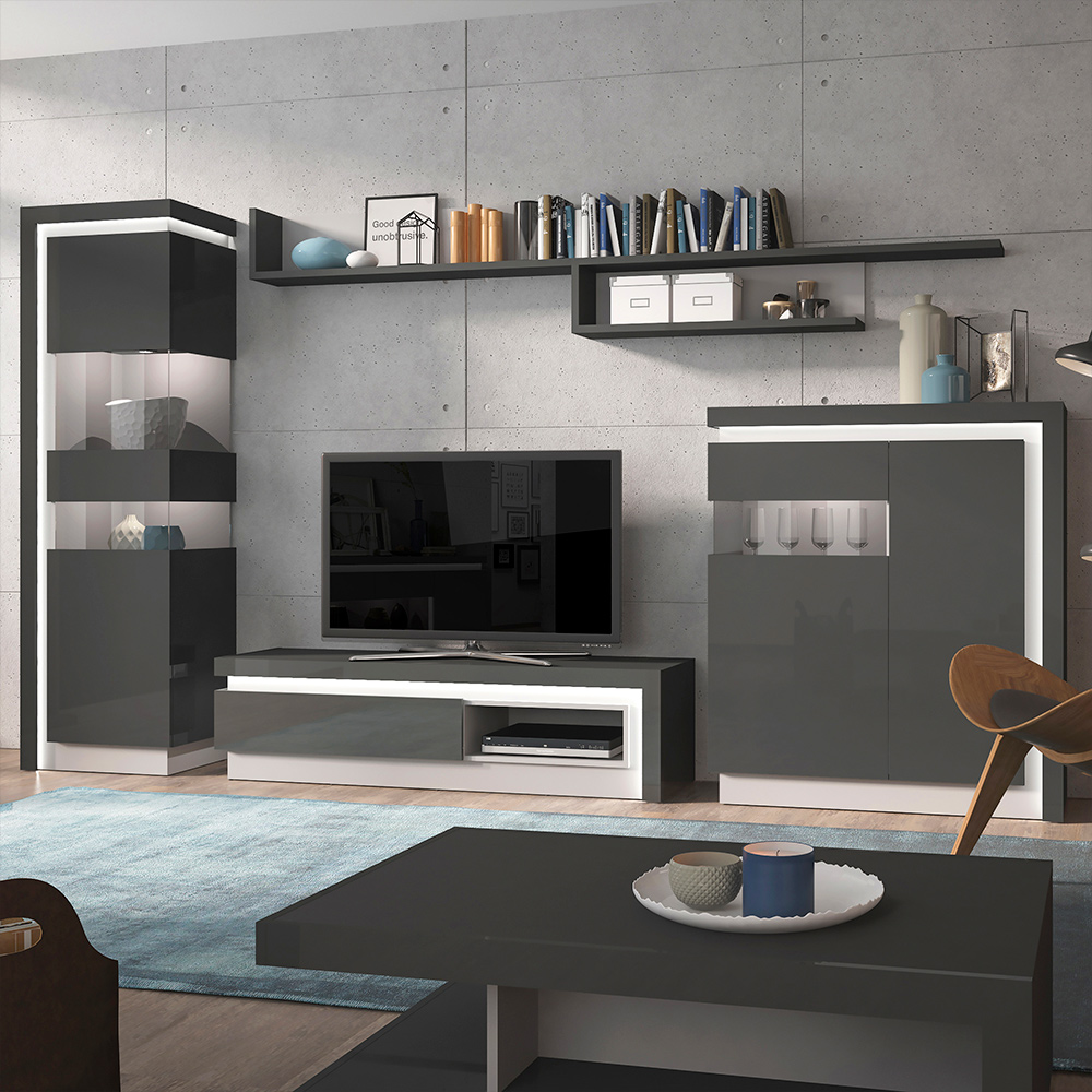 Lyon 2 Door Platinum and Light Grey Gloss Left Hand LED Designer Cabinet Image 6