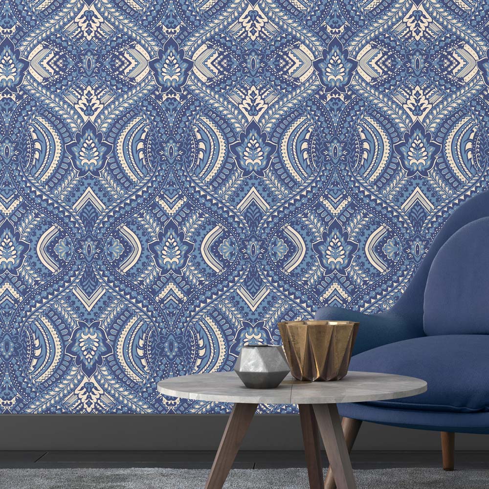 Hoopla Walls Elegance Ogee Damask Navy Blue Wallpaper Image 2