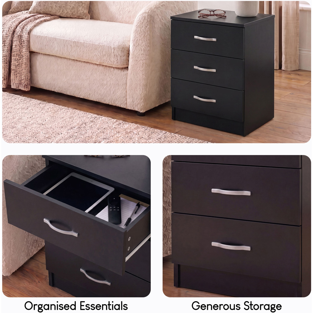 Vida Designs Riano 3 Drawer Black Melamine Finish Bedside Table Set of 2 Image 5