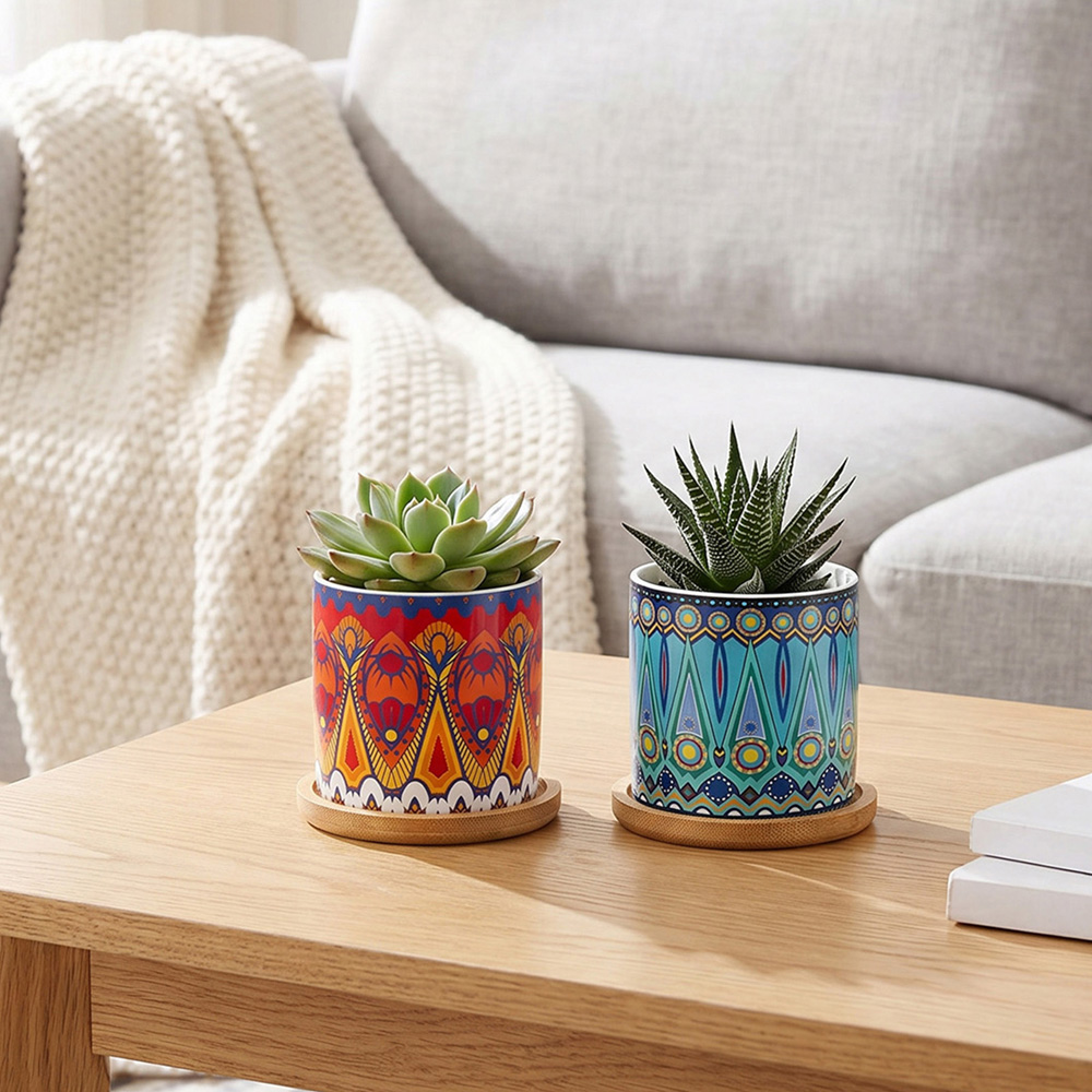 Living and Home Nordic Ceramic Plant Pot with Bamboo Tray Set of 4 Image 2