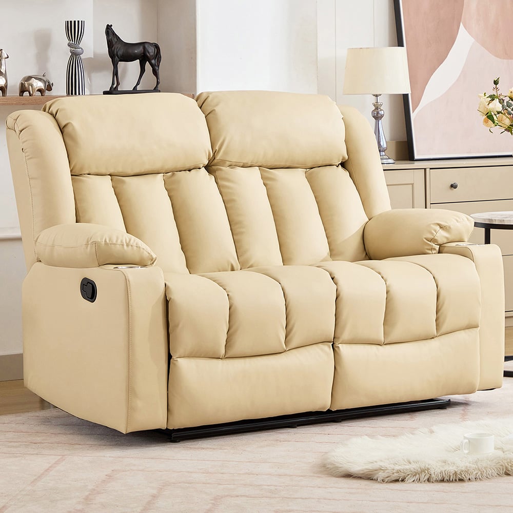 Artemis Home Sheridan 2 Seater Cream Leather Manual Recliner Sofa with Cup Holders Image 1