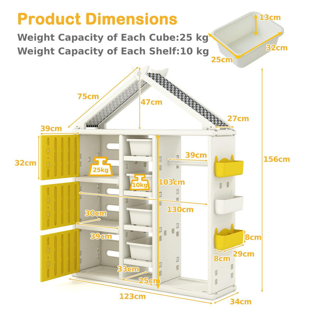 Costway 3 Door 4 Shelf Yellow Kids Storage Closet Image 9