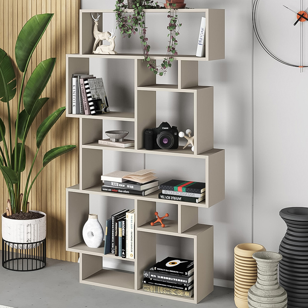 Decortie Karmato 10 Shelf Sandstone Asymmetric Tall Freestanding Bookcase Image 1