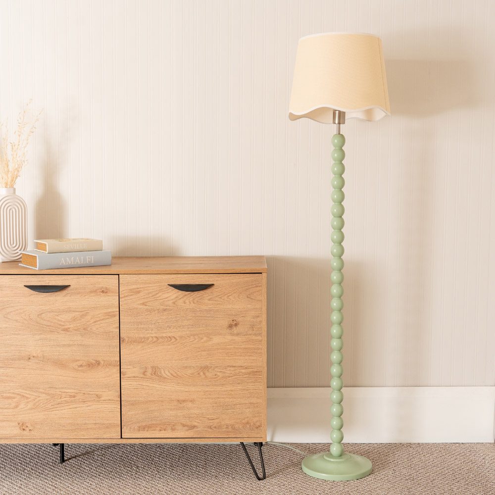 ValueLights Bobbins Linen Scallop White Trim Shade Sage Green LED Floor Lamp Image 3