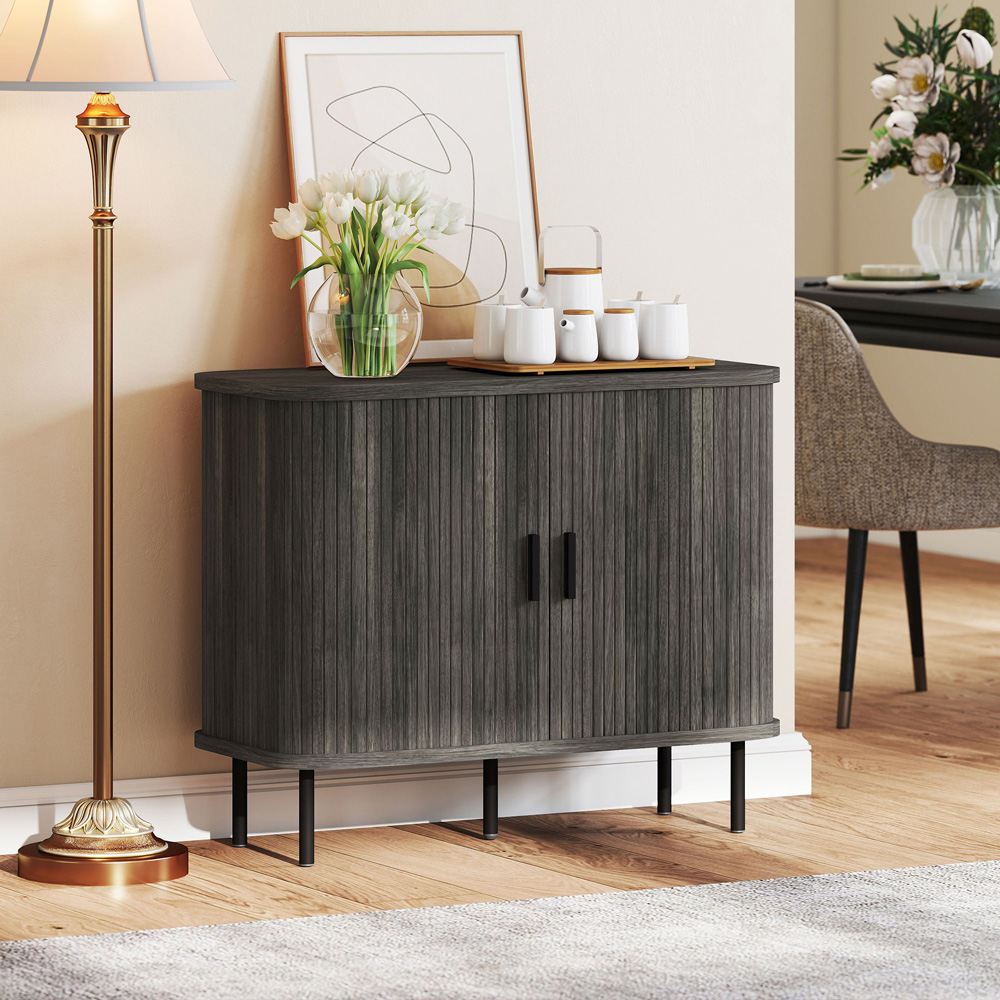 HOMCOM Grey Sideboard Storage Cabinet with Slatted Tambour Sliding Door Image 3