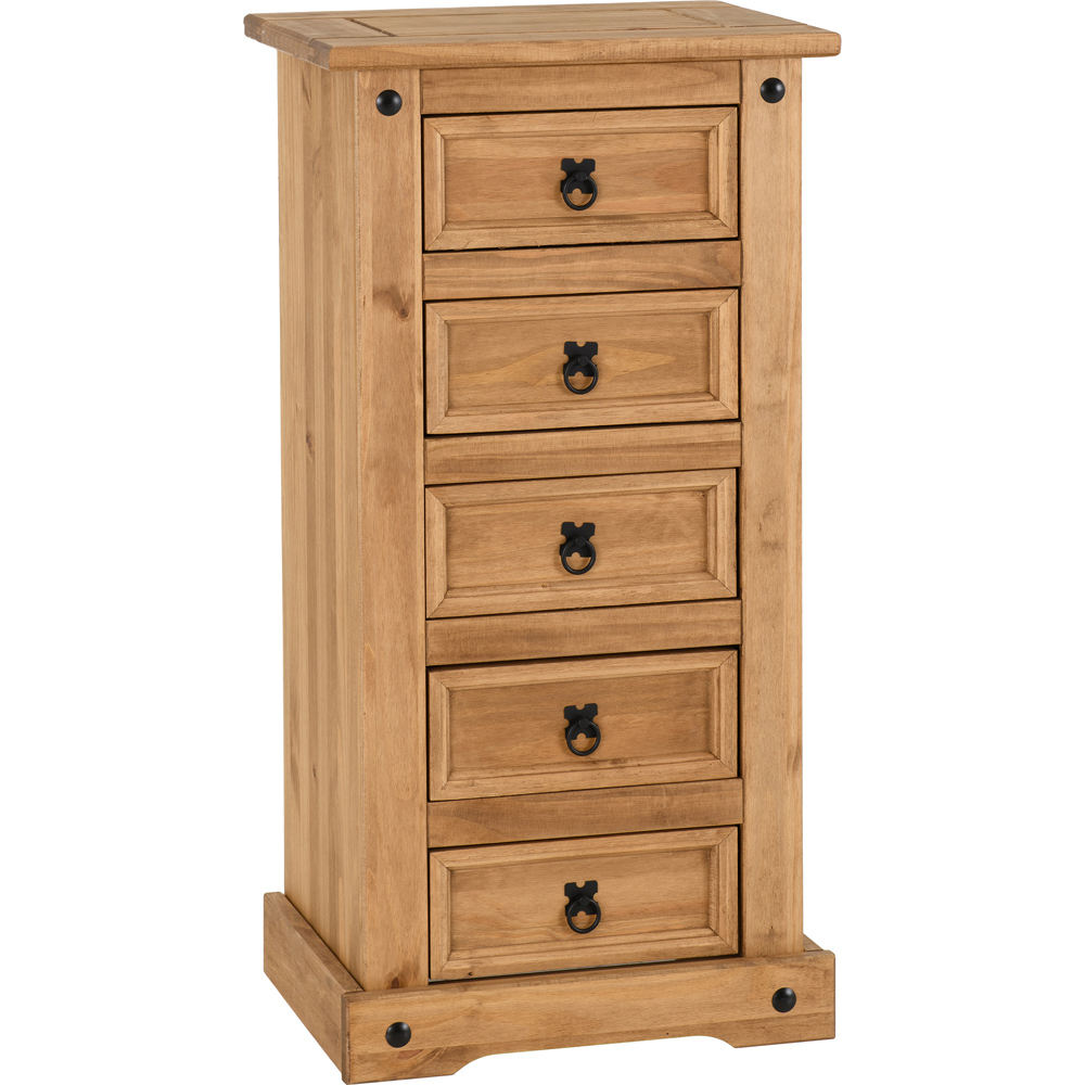 Seconique Corona 5 Drawer Distressed Waxed Pine Narrow Chest of Drawers Image 2