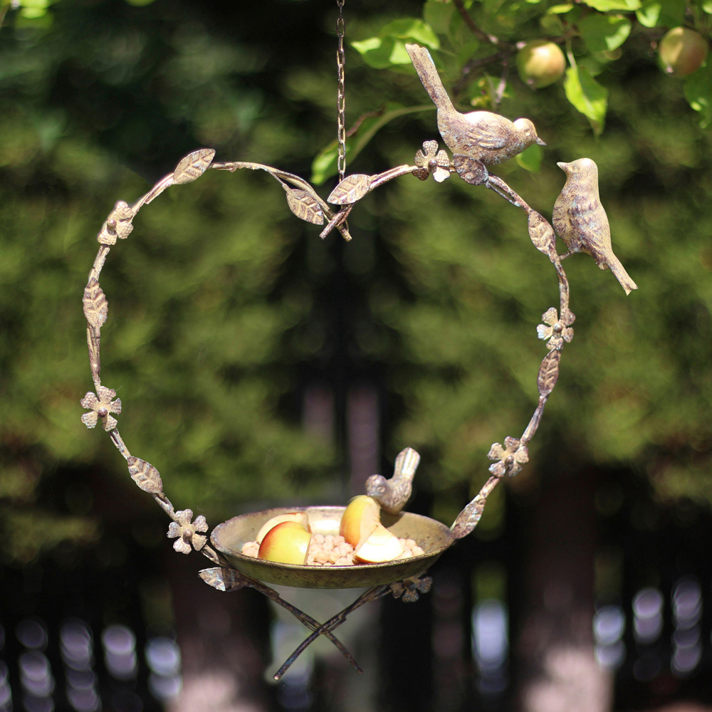 Dibor Gold Iron Heart Shaped Botanical Hanging Bird Feeder Dish with Chain Image 2