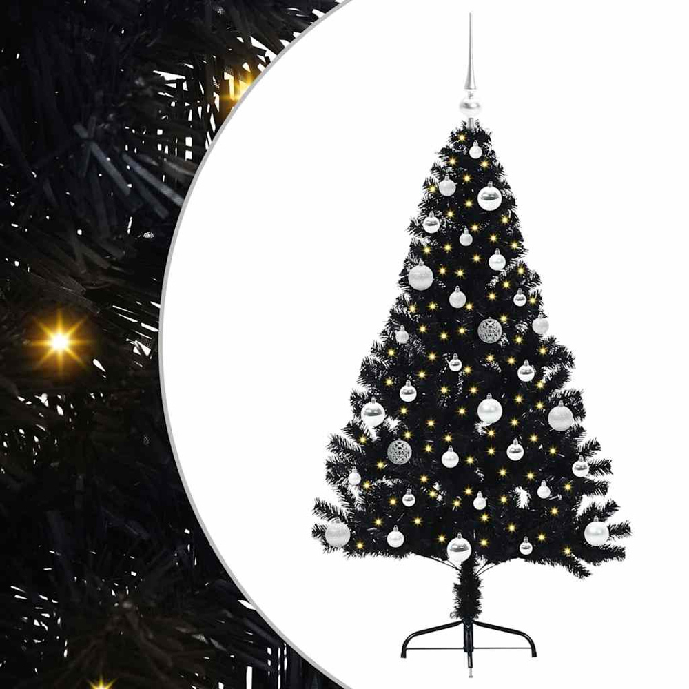 vidaXL Pre-Lit Silver Baubles Black Artificial Christmas Tree 5ft Image 2