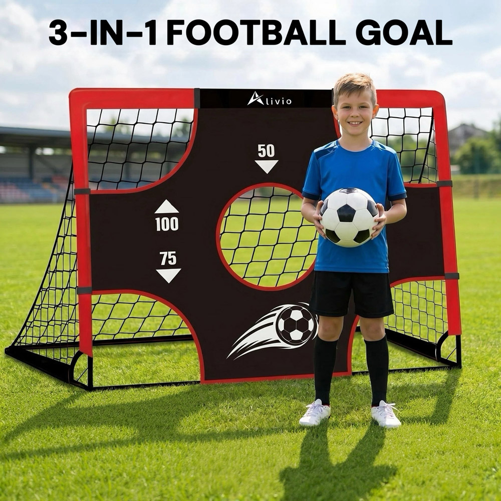 Alivio 3-in-1 Red Kids Mini Football Goal Post Set with Net Ball and Target Sheet Image 2
