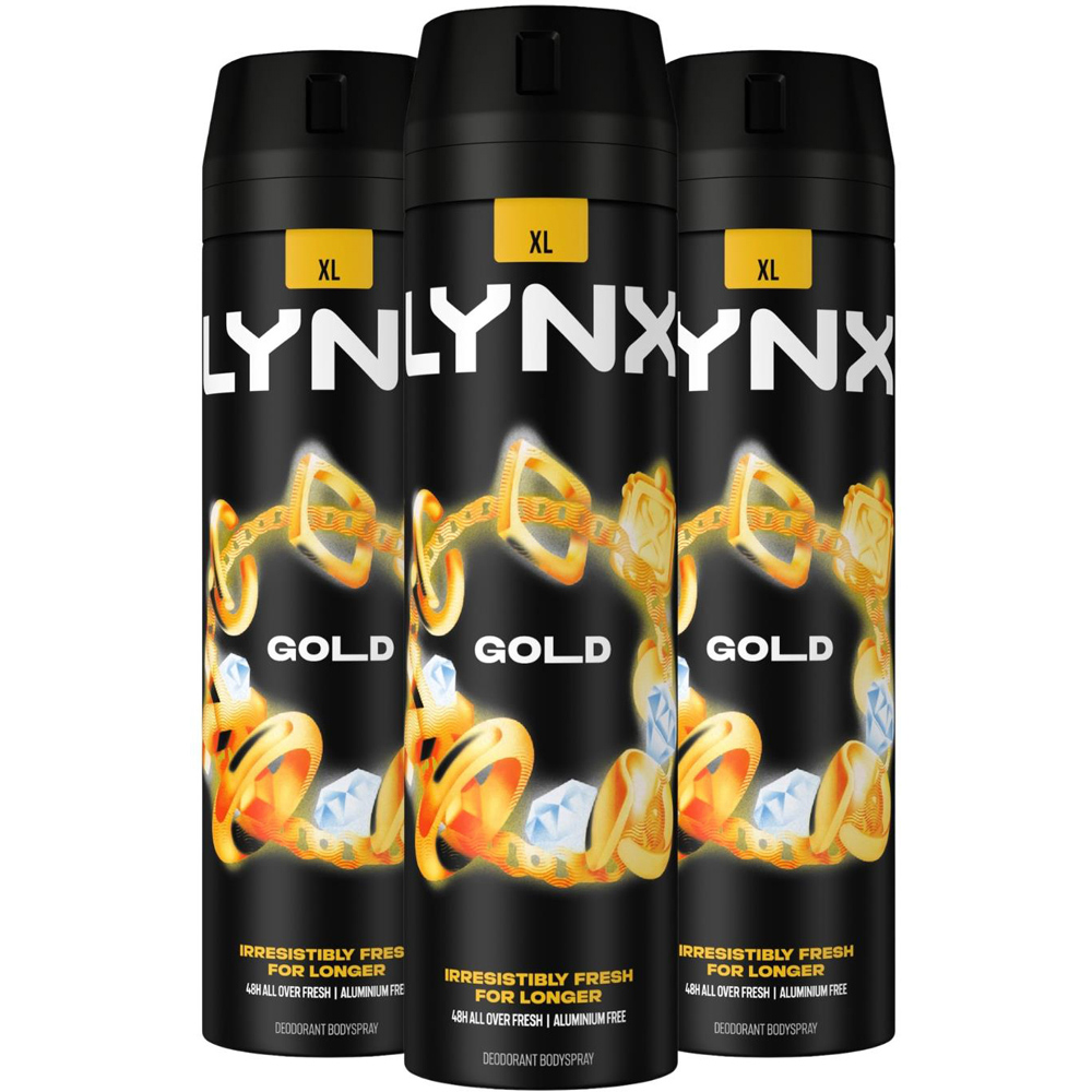 Lynx XL Gold Oud Wood and Fresh Vanilla 48H Sweat Protection Deodorant Body Spray 200ml 3 Pack Image 1