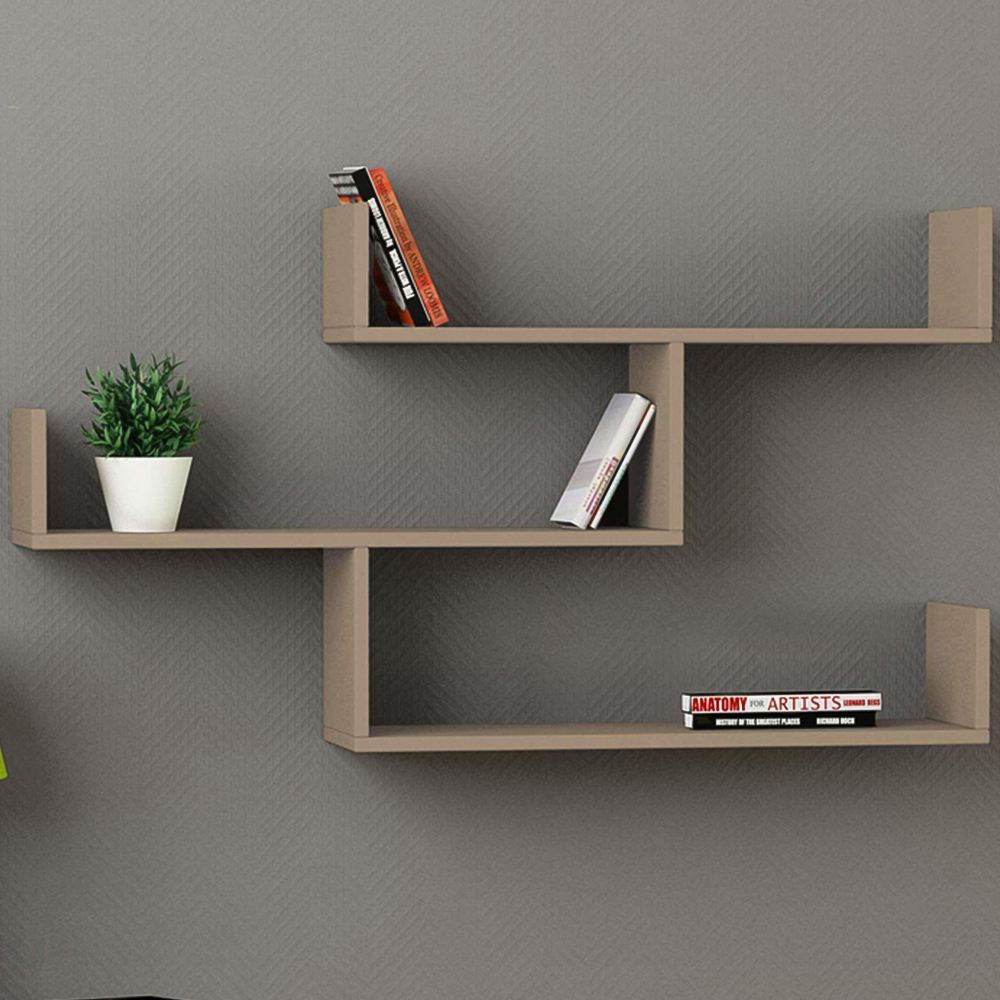 Decortie Tibet 3 Shelf Mocha Grey Modern Wall Mounted Bookcase Image 1
