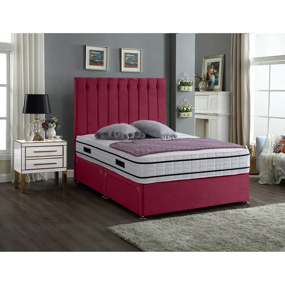 Eleganza Home Snuggler King Size Maroon Plush Velvet 2 Drawer Divan Bed with Lined Headboard Image 2