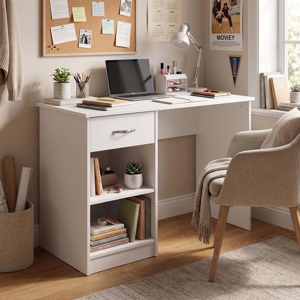 FWStyle Promo Single Drawer 2 Shelf White Computer Desk Image 2