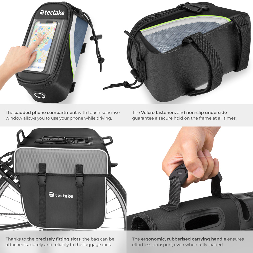 tectake Black and Green Water-Repellent Georg and Frame Bicycle Bag Set Image 7