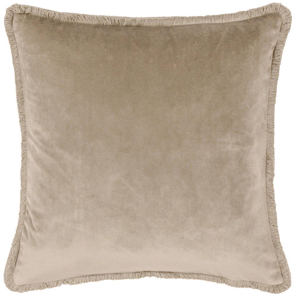 Paoletti Freya Taupe Velvet Fringed Cushion Image 1