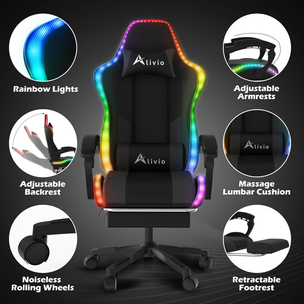 Alivio Black PU Leather Wireless App Control LED Gaming Chair with Massage Lumbar Cushion Image 7