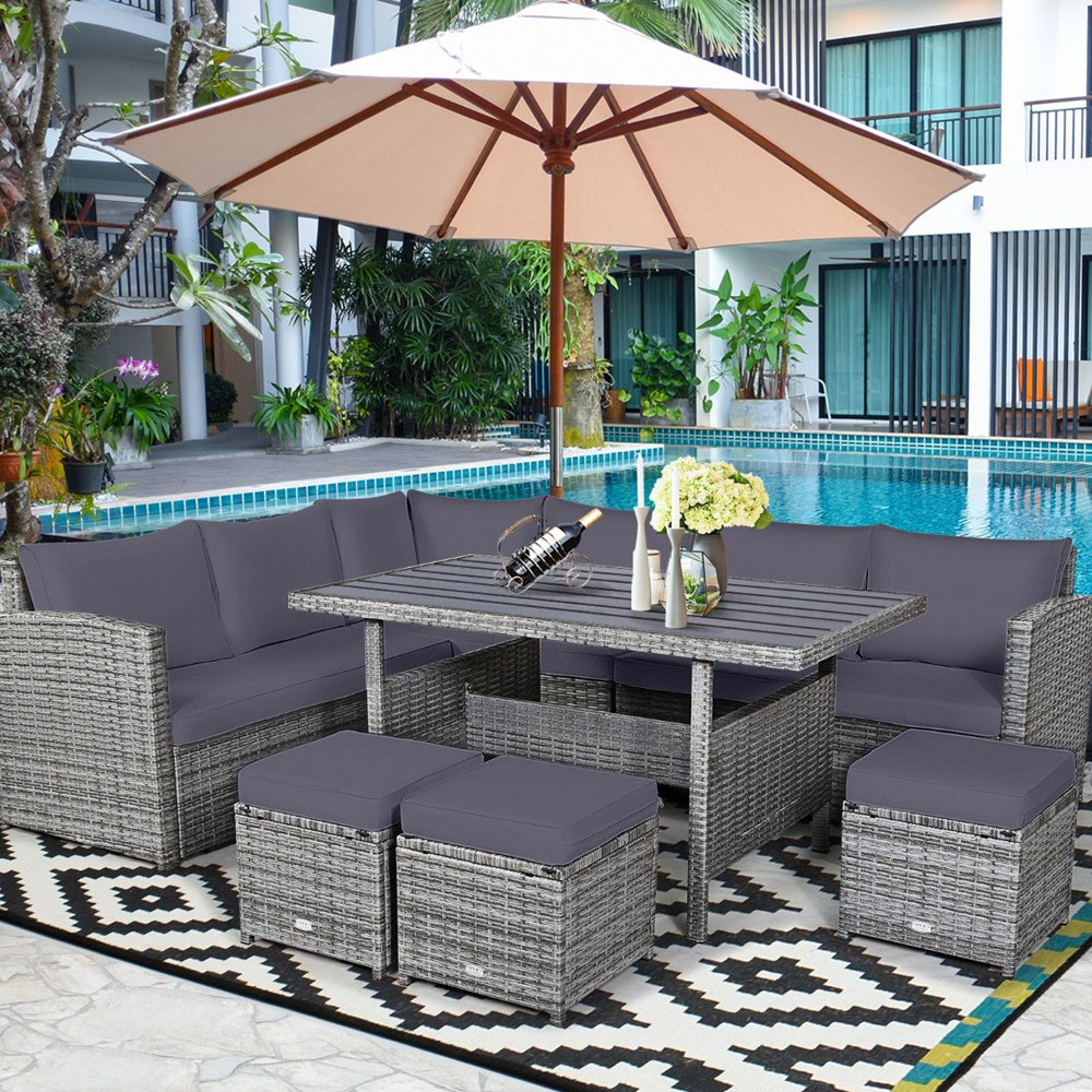 Costway 10 Seater Grey Rattan Patio Lounge Set with Back and Seat Cushions Image 6