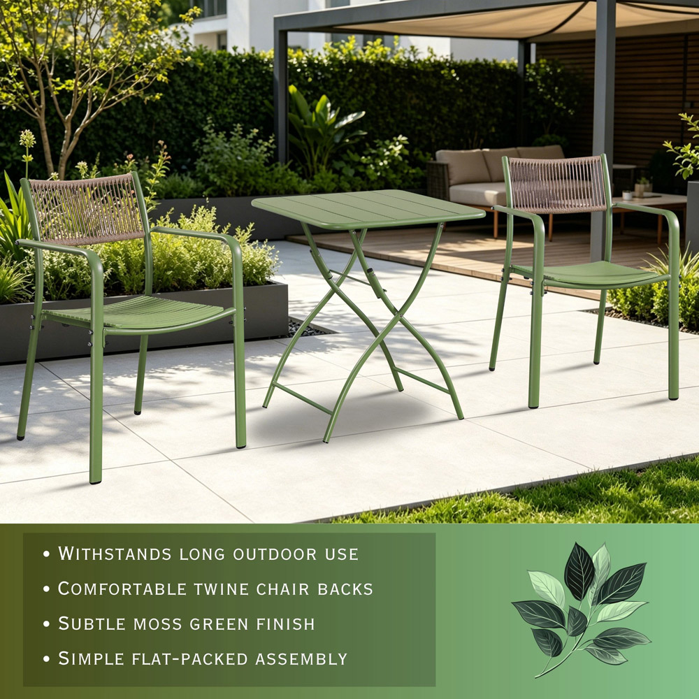 Core Products 2 Seater Moss Green Rope Back Effect Square Metal Foldable Table Garden Bistro Set Image 7