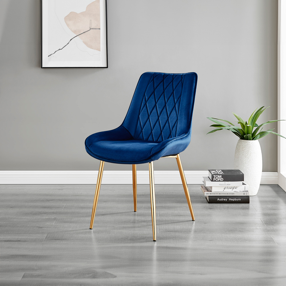 Furniturebox Cesano Set of 2 Navy Blue and Gold Velvet Dining Chair Image 6