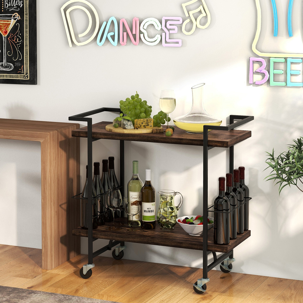 Costway 2 Shelf Rustic Brown Home Bar Cart with Lockable Wheels Image 2