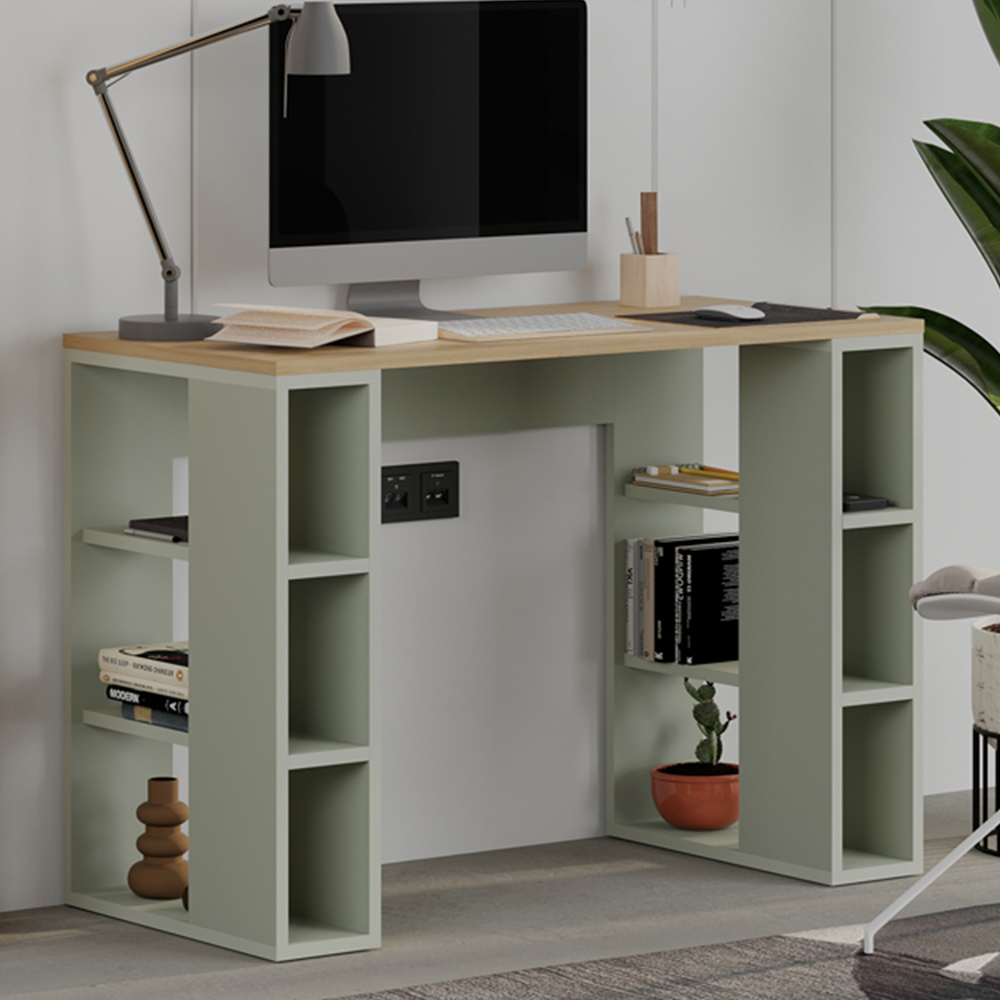 Decortie Colmar 6 Shelf Computer Desk Oak and Ash Green Image 1