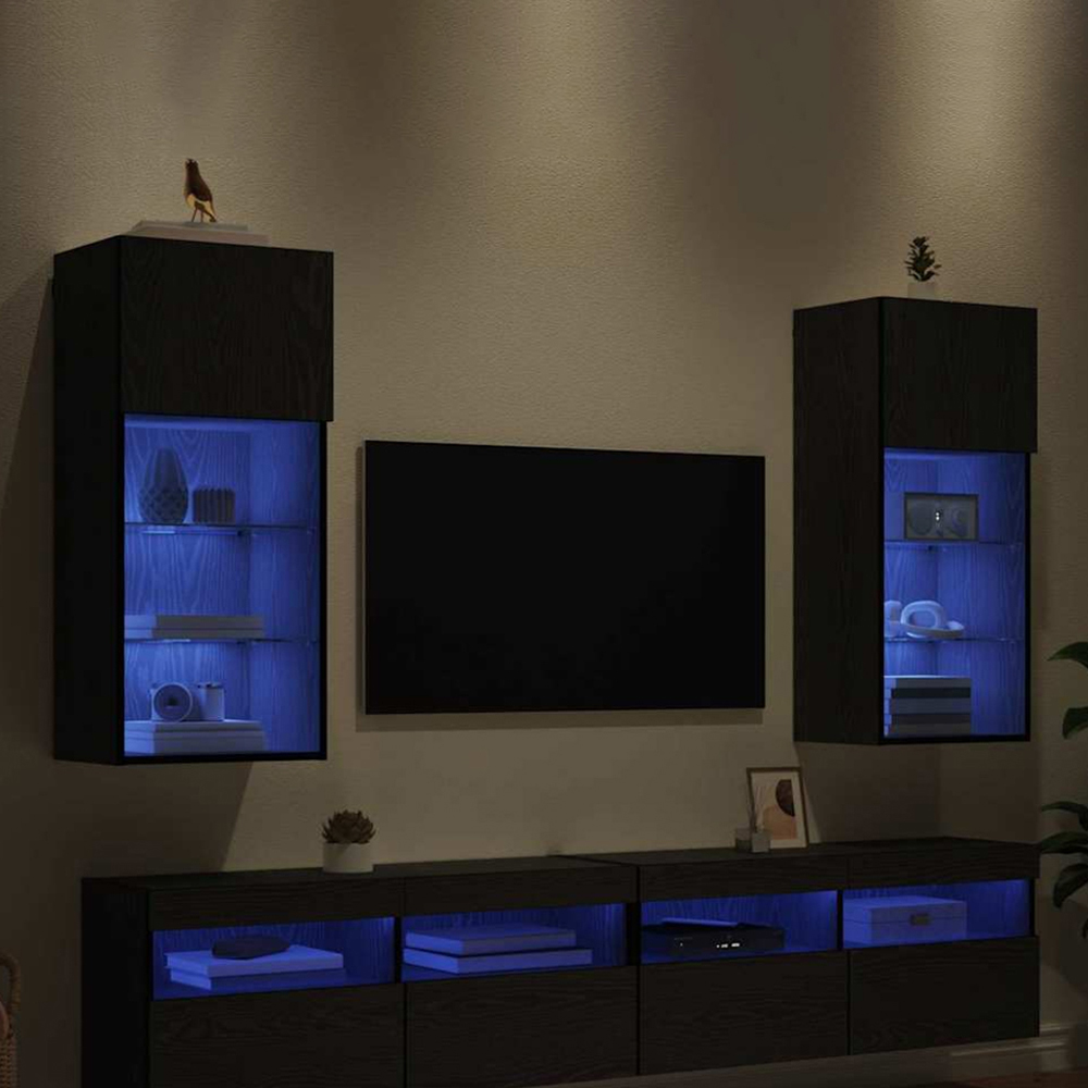 vidaXL Single Door 3 Shelf Black Oak Wide Wall Mounted LED TV Unit Set of 2 Image 1