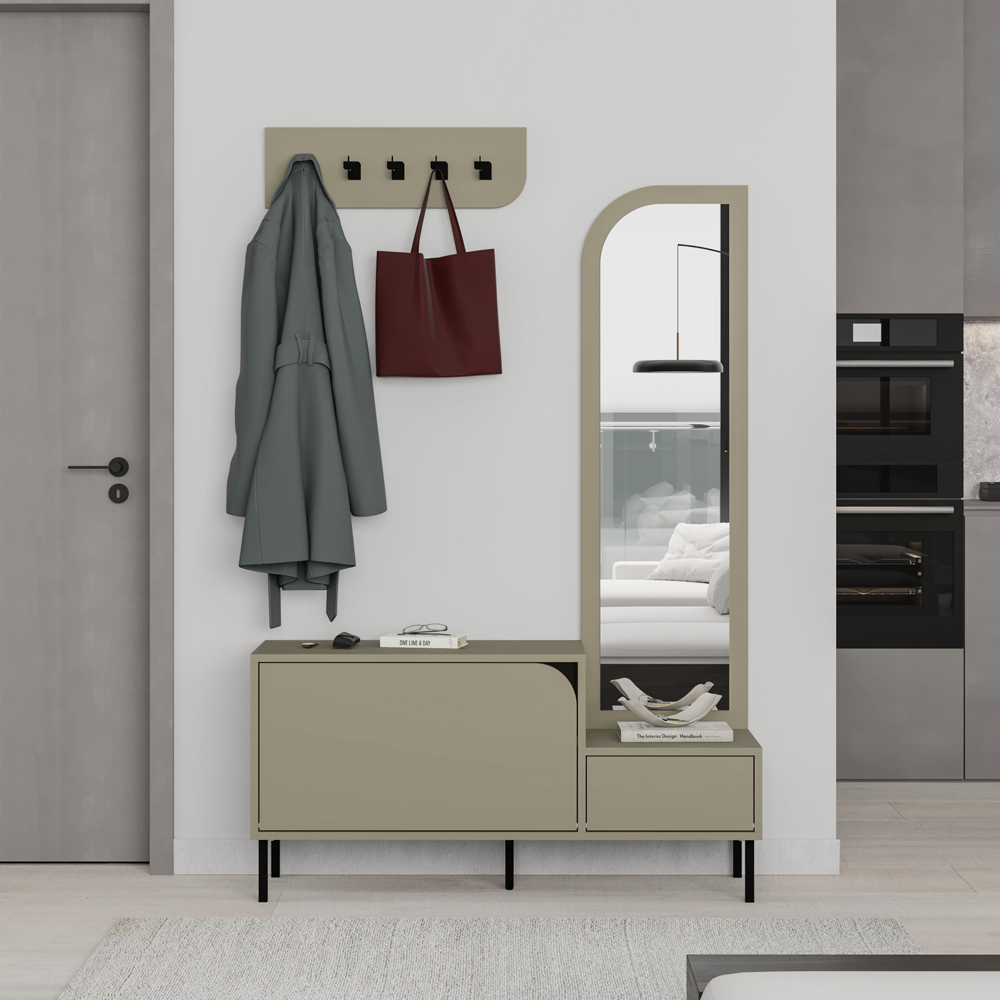 Decortie Mila 2 Door Ash Green Shoe Cabinet with Mirror and Coat Stand Image 5