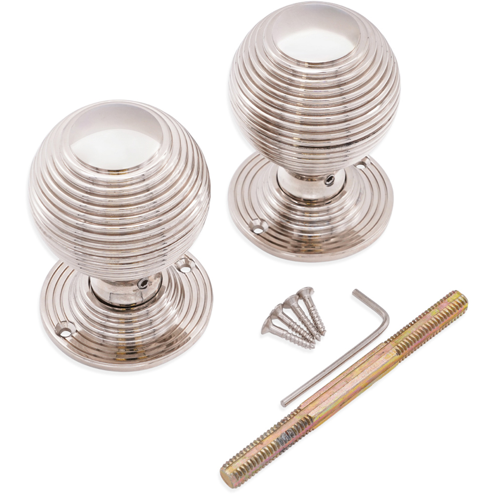 Spira Brass Polished Nickel Reeded 60mm Rim and Mortice Door Knob 2 Pack Image 4