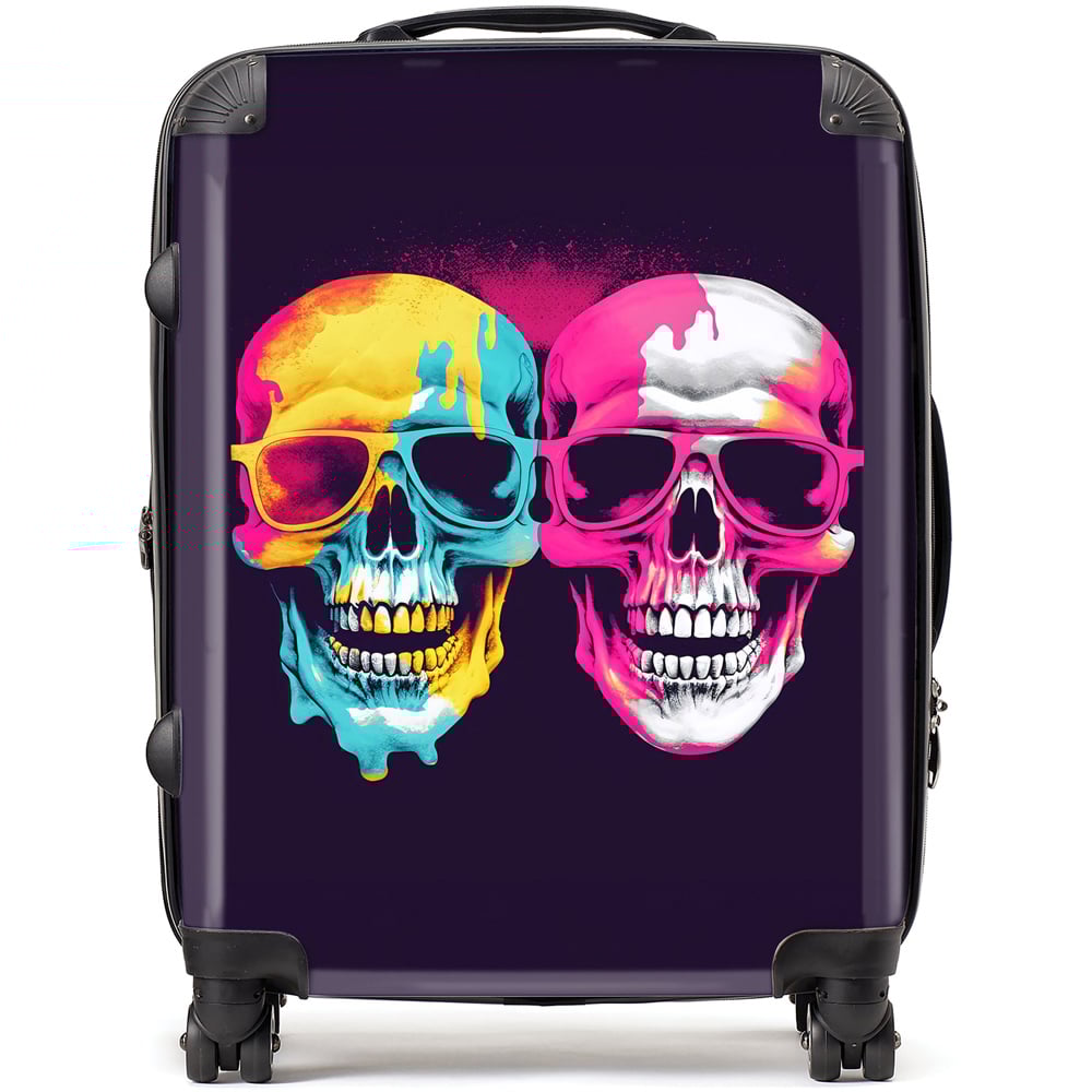 Warren Reed Designer Large Pinks And Blue Happy Skeletons Suitcase Image 1