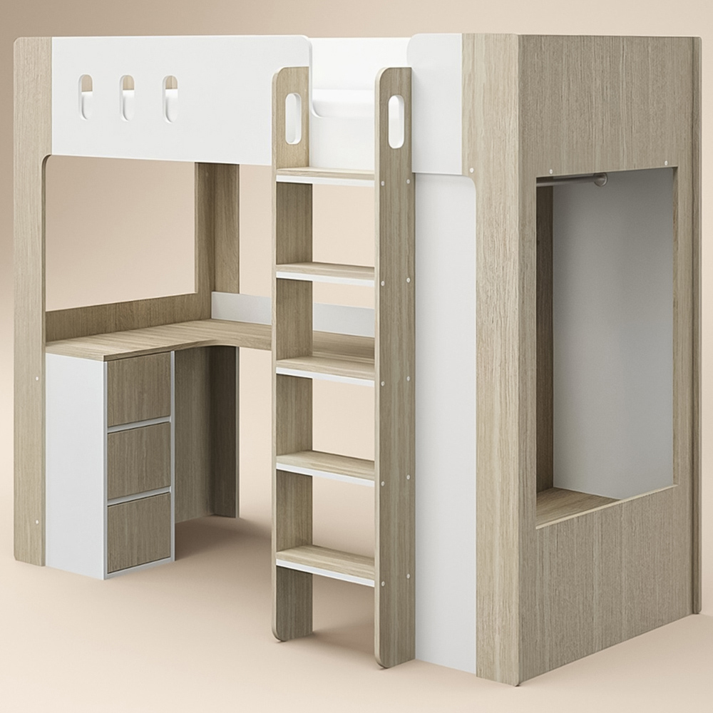 Flair Willow White and Oak High Sleeper Bed with Desk and Storage Image 2