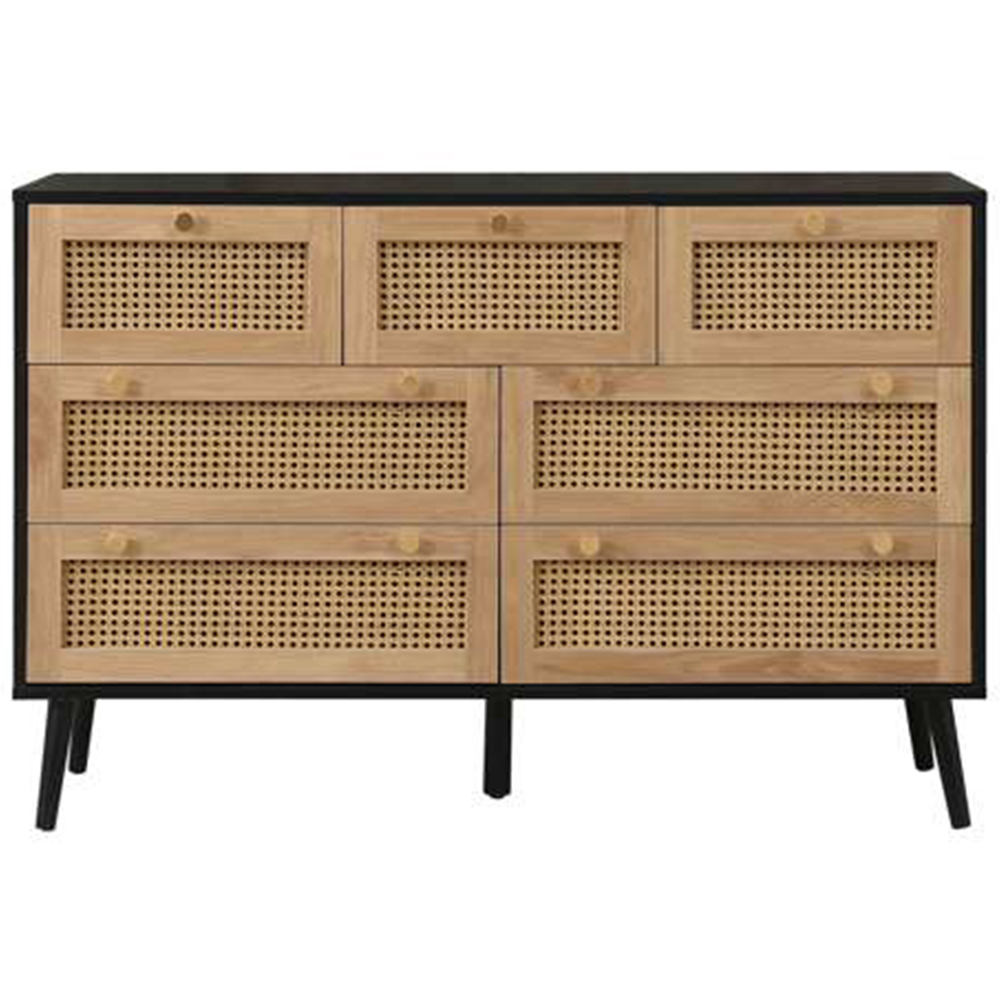 Croxley 7 Drawer Black and Oak Rattan Chest of Drawers Image 3