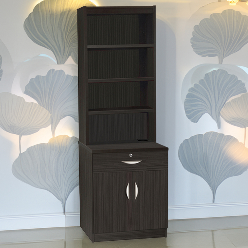 R White Cabinets 2 Door Single Drawer 4 Shelf Black Cupboard with Hutch Image 1