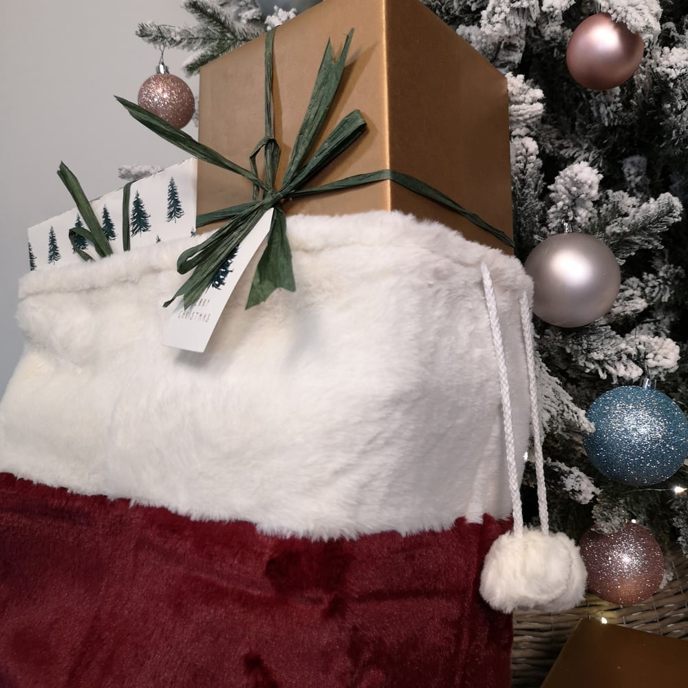 Samuel Alexander Red Christmas Present Sack with White Faux Fur Trim and Pom Poms Image 4