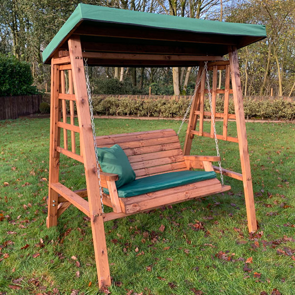 Charles Taylor Dorset 2 Seater Swing with Green Cushions and Roof Cover Image 1