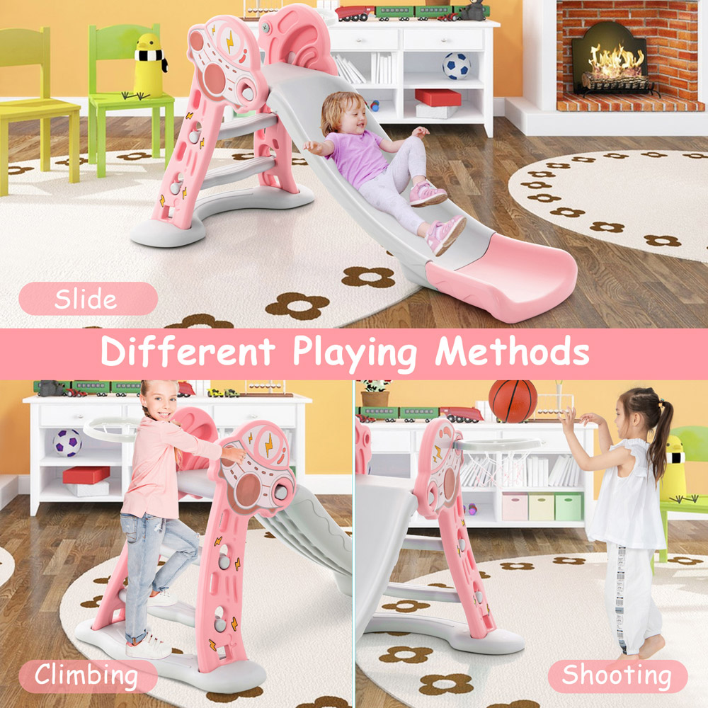 Costway 3 in 1 Pink Kids Indoor Slide with Basketball Hoop Image 6