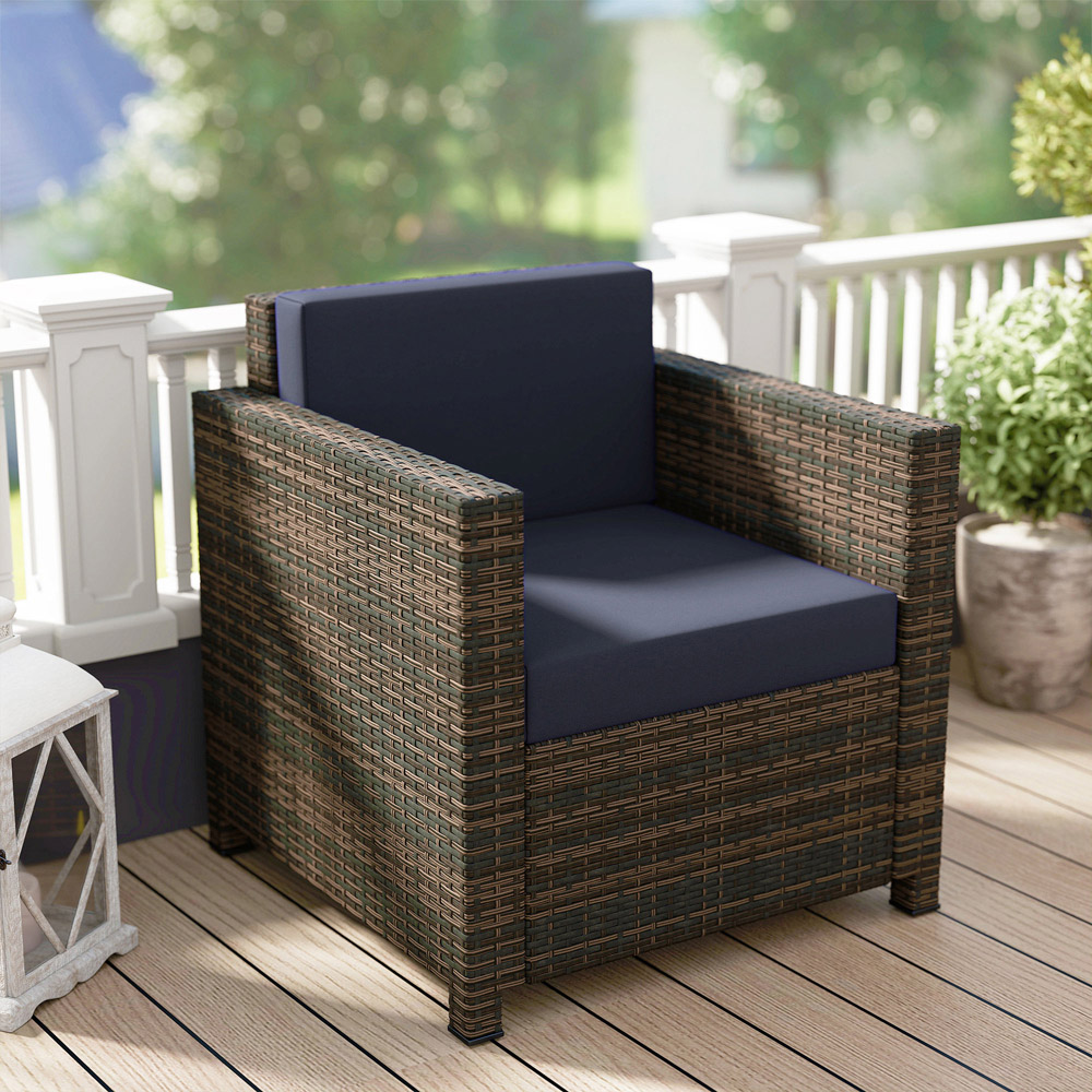Outsunny Rattan Brown and Blue Cushioned Garden Armchair Image 3