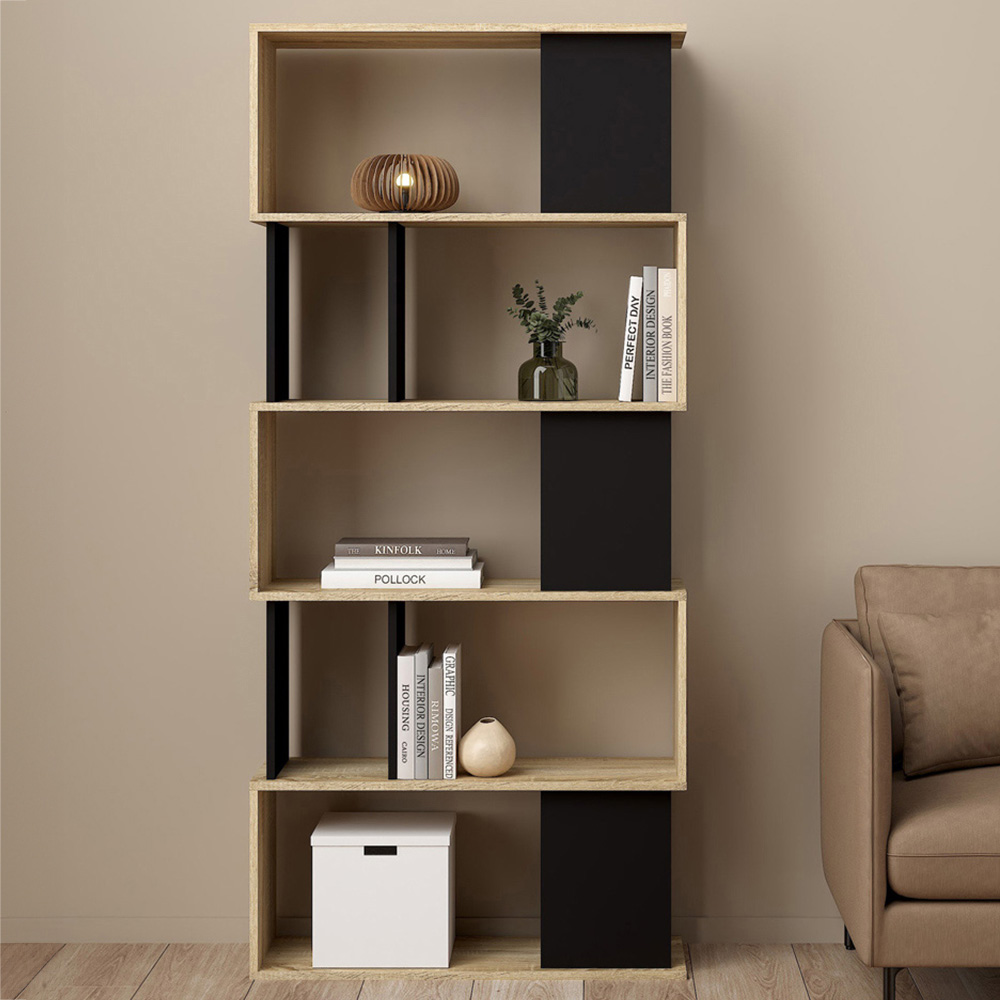 Furniture To Go Maze 5 Shelf Oak and Black Open Bookcase Image 1
