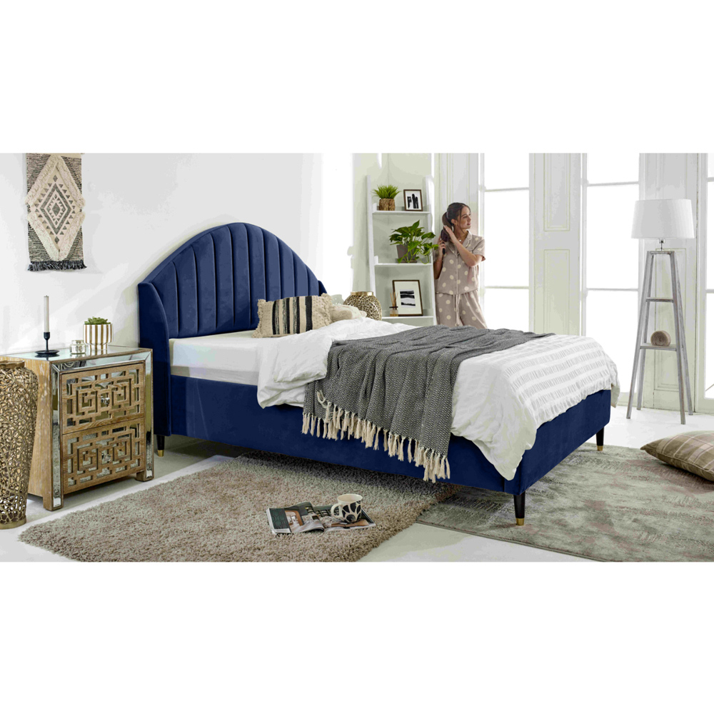 Eleganza Elysium King Size Blue Plush Velvet Bed Frame with Curved Winged Headboard Image 4